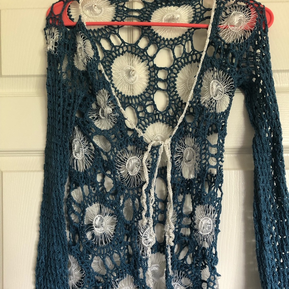 Handmade Ethiopian knit top cover up blue and white S